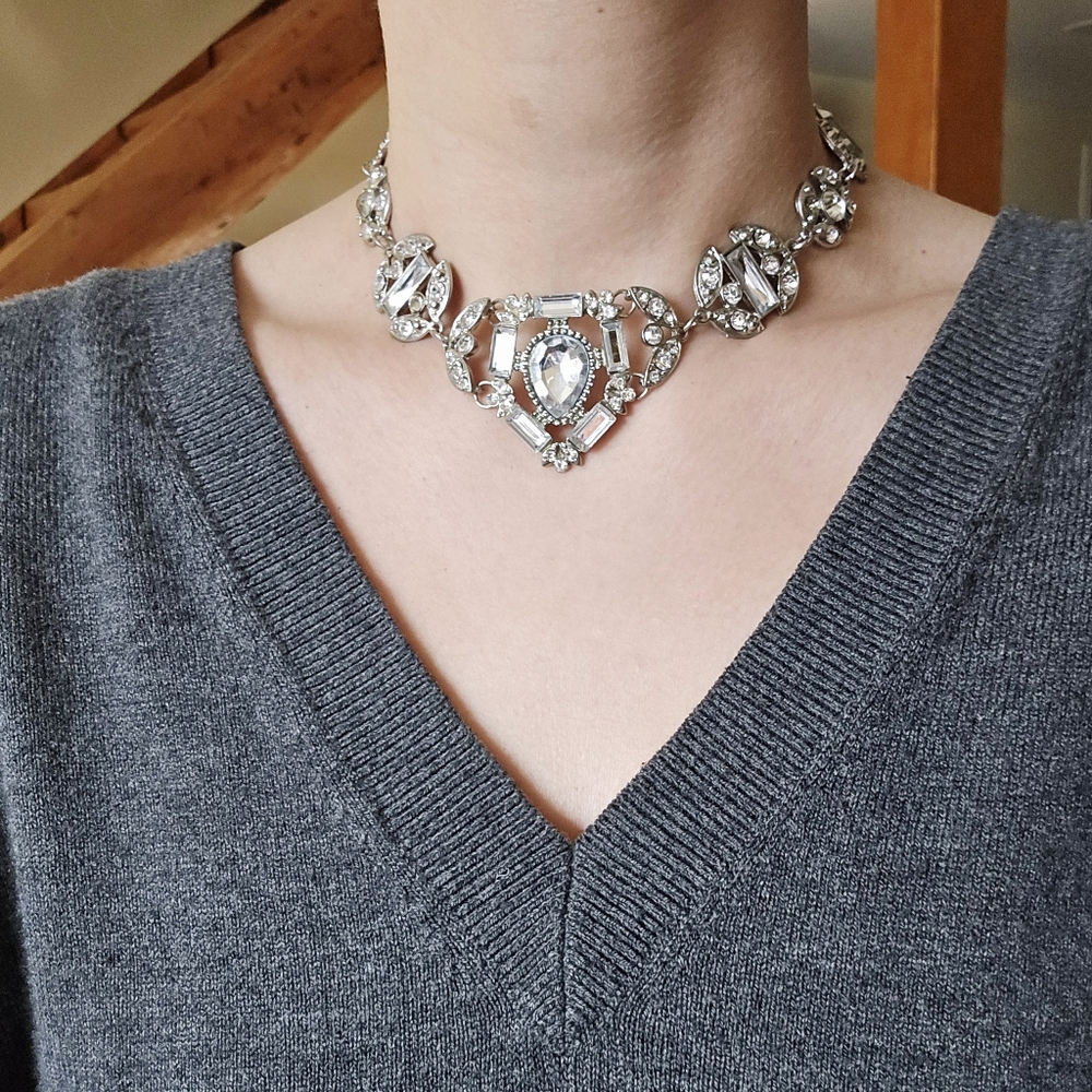 Vintage Silver Art Deco Style Rhinestone Collarbone Clavicle Necklace